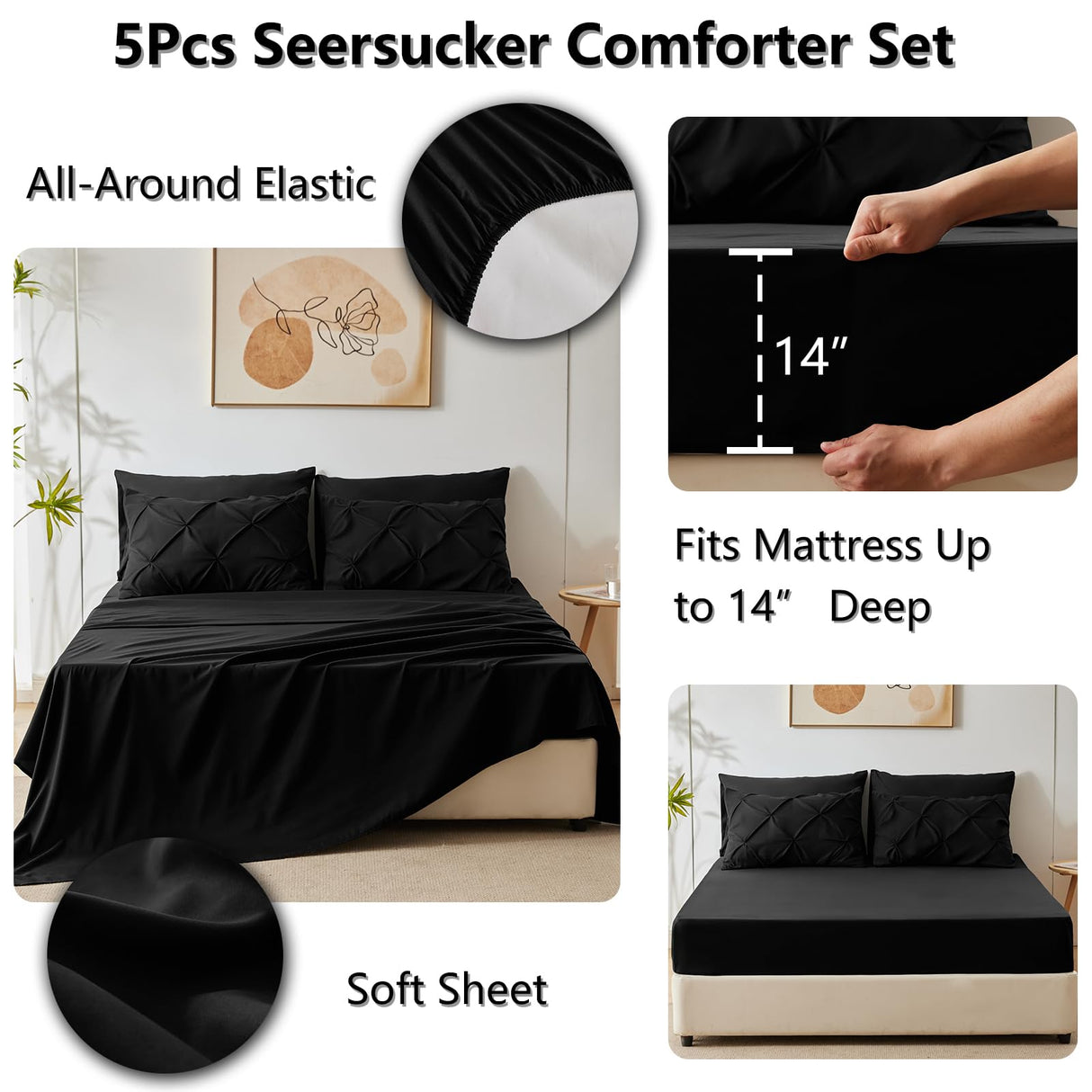 Twin Comforter Set - 5 Pieces Comforters Twin Size Black, Pintuck Bed in A Bag Pinch