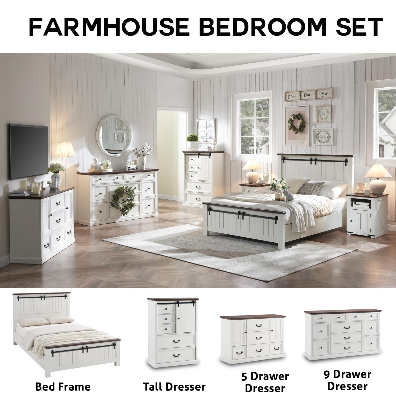 IFGET Farmhouse King Size Bed Frame with 47" Headboard, Wood Bed Frame with Groove Sliding Barn Door Footboard, Platform Bed with Wood Slats Support, No Box Spring Needed (White)