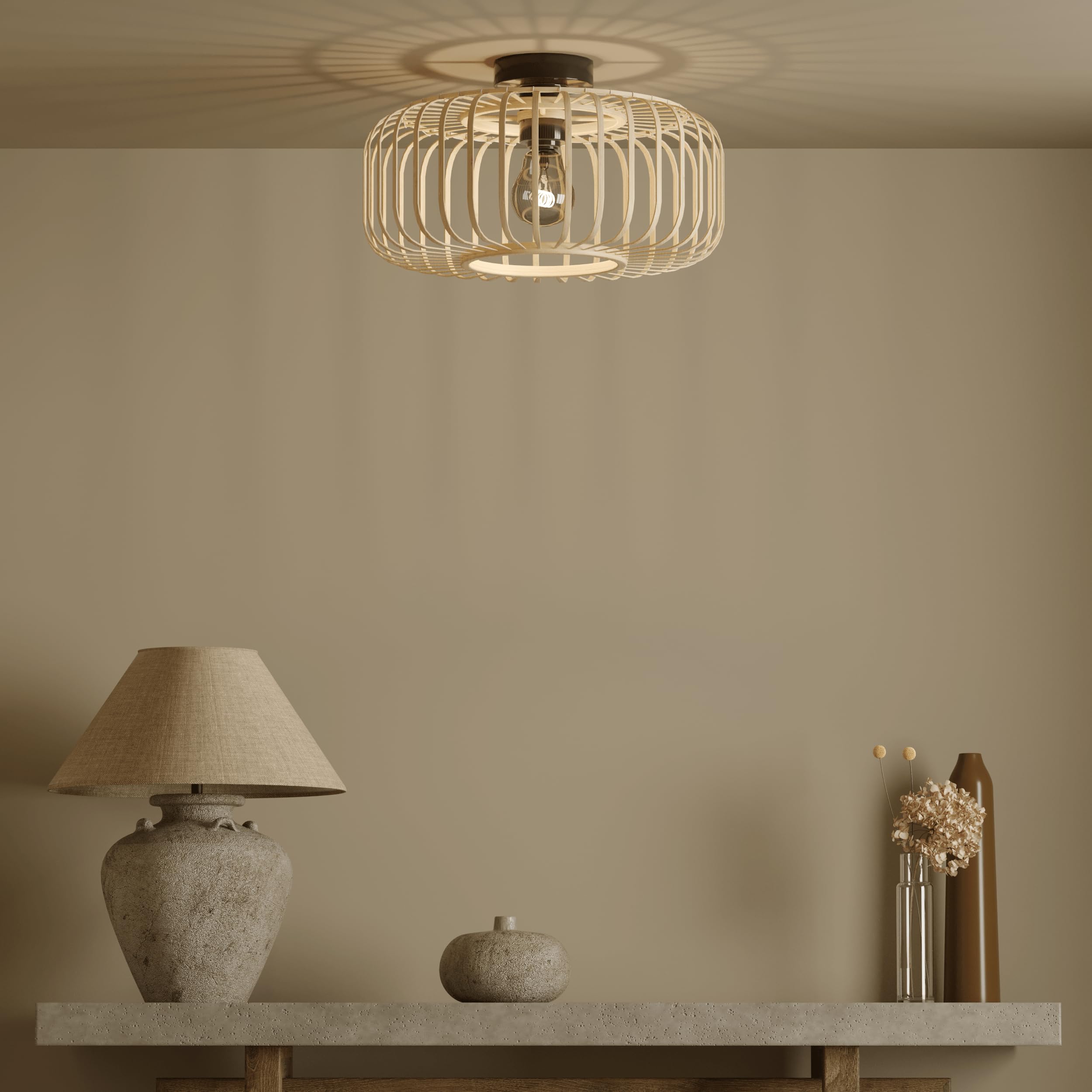 Rattan Flush Mount Light Fixture, 16 Inch Large Boho Light Fixtures Ceiling