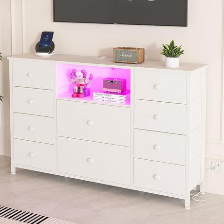 Dresser with Charging Station and LED Lights, Long Dresser for Bedroom Dresser