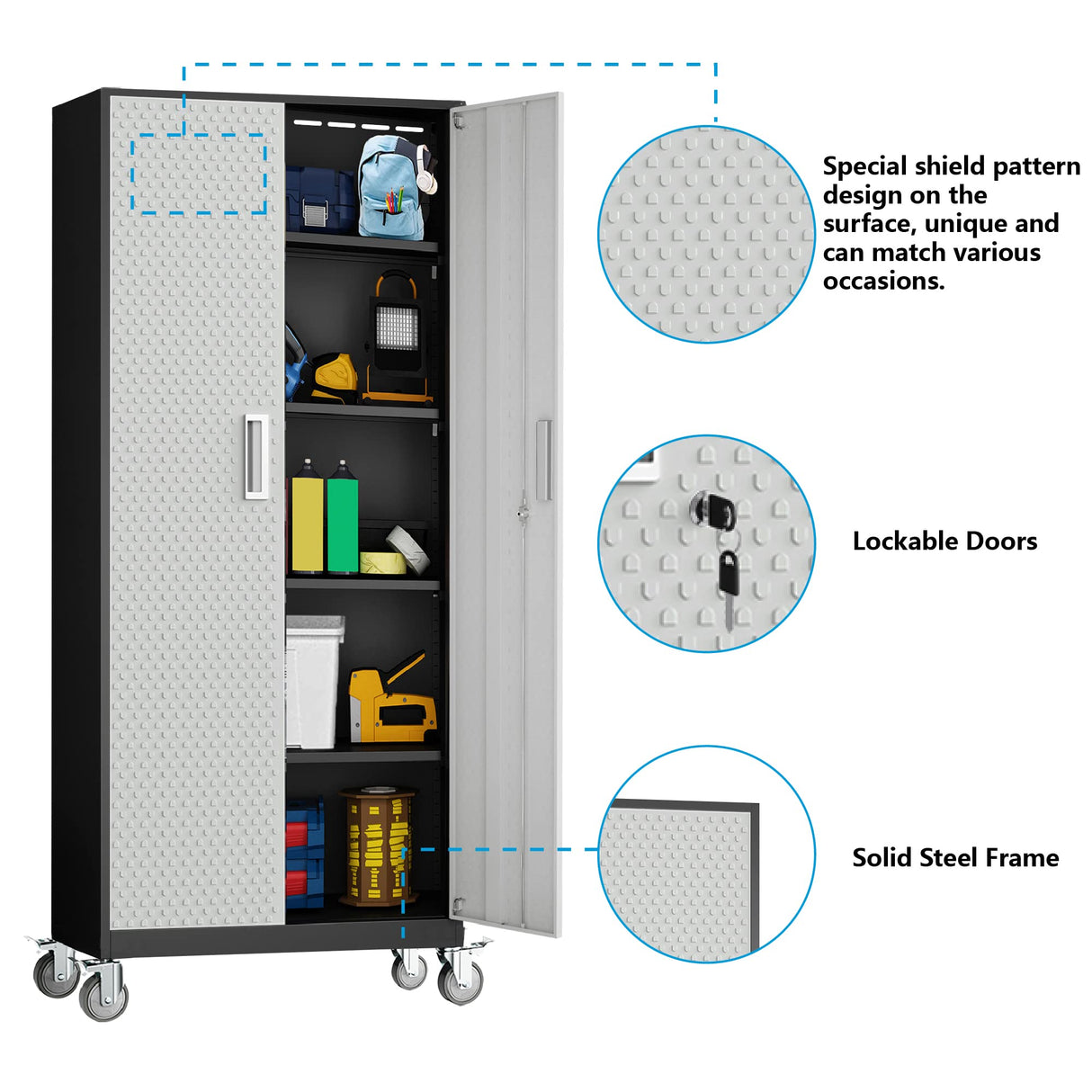 Garage Storage Cabinet, 72" Tool Storage Cabinet Utility Locker with Wheels