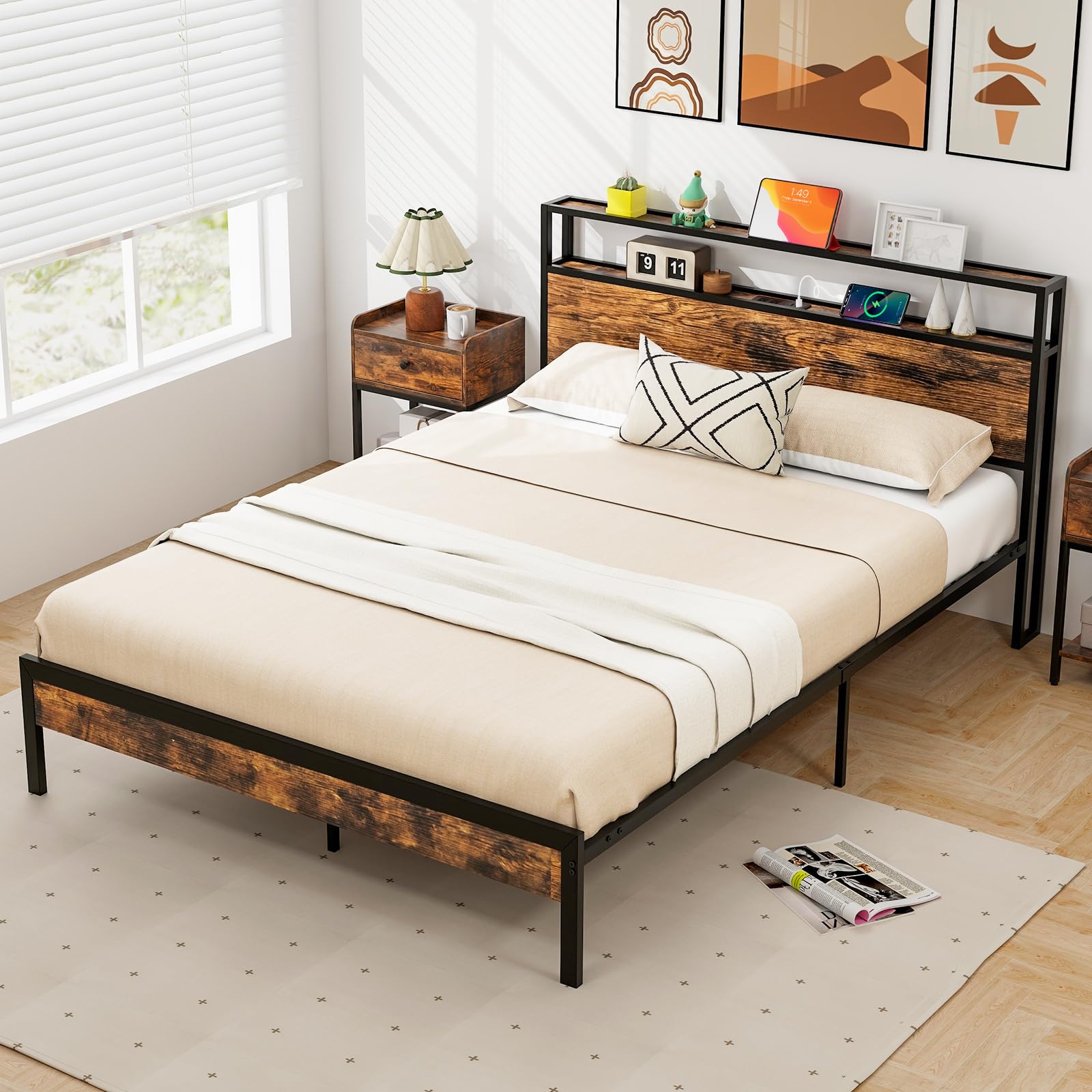 Queen Bed Frame with 2-Tier Storage Headboard, Industrial Metal Platform Bed