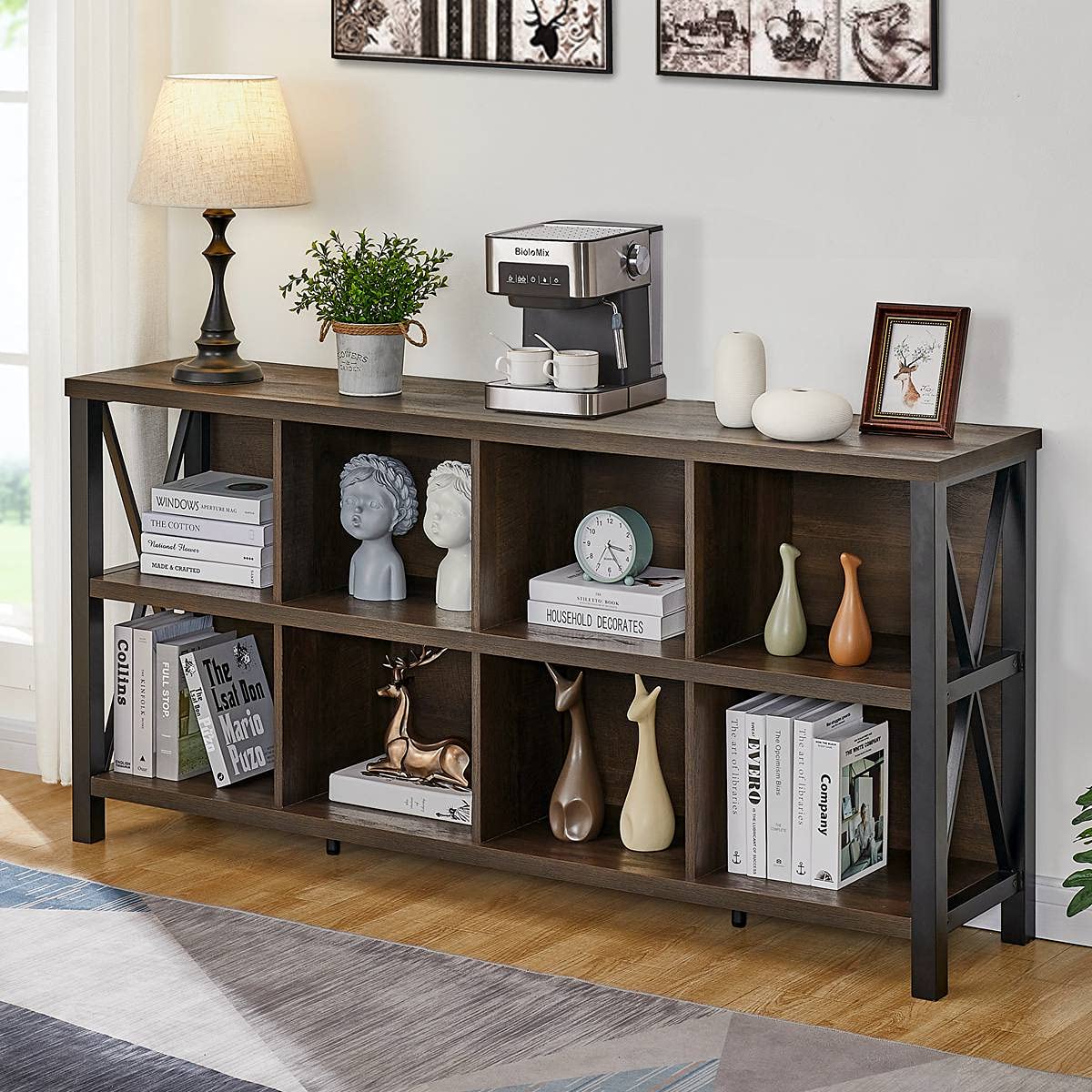 8 Cube Storage Organizer Bookshelf, Rustic Wood Cubby Bookcase