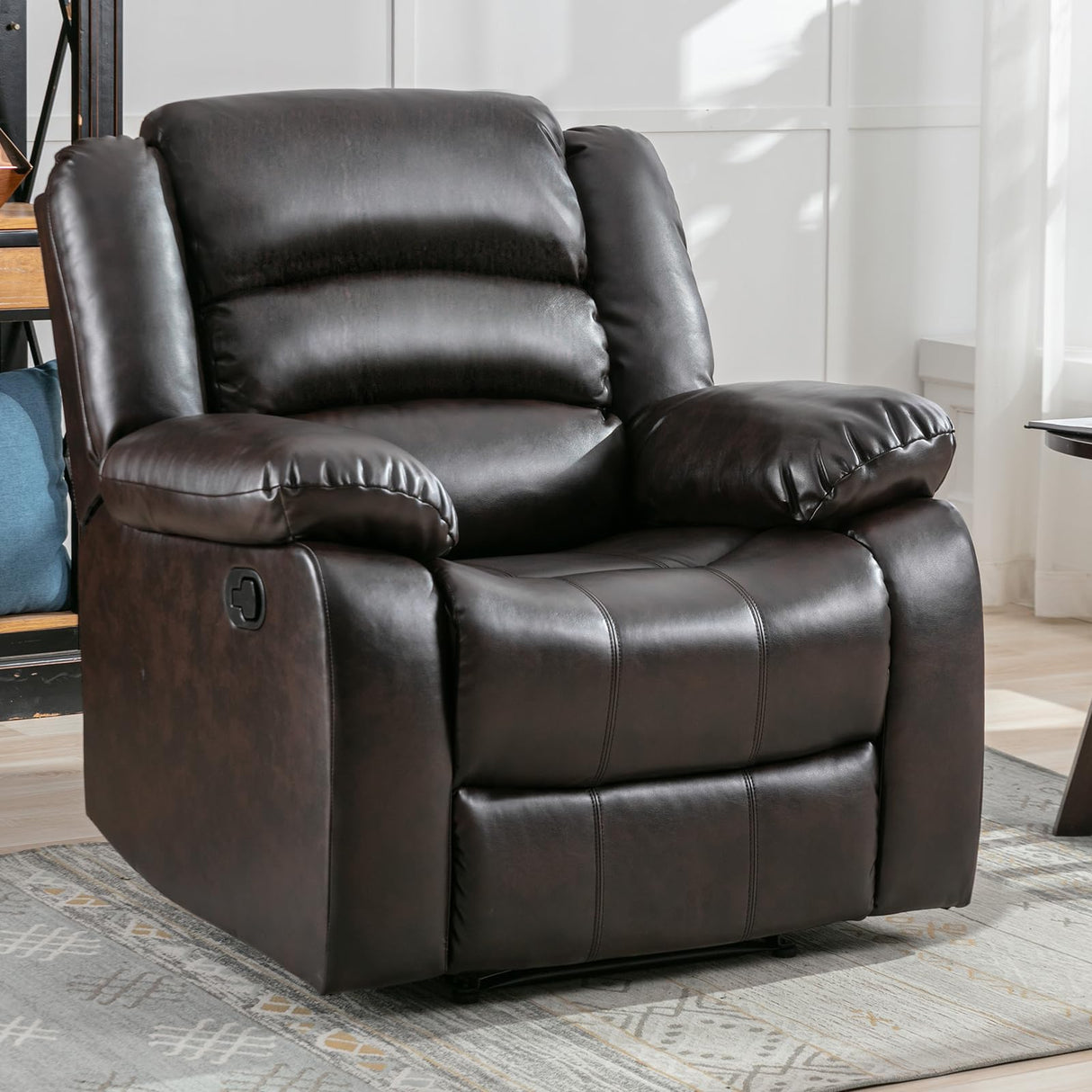 Recliner Chair, Breathable Faux Leather Reclining Chairs with Overstuffed Arm and Back, Living Room Single Sofa Recliners (Dark Brown)