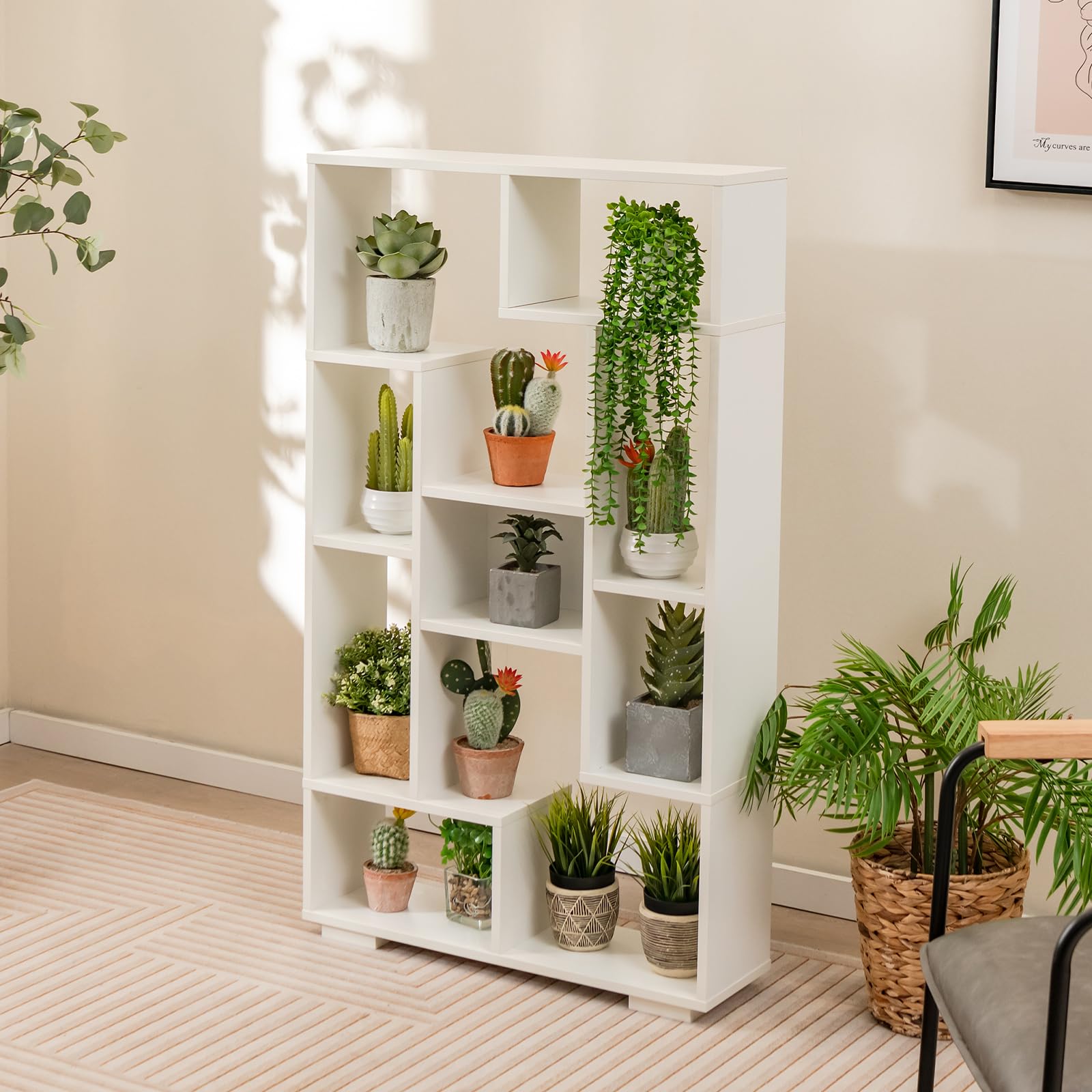 47" Bookshelf Set of 2, Modern Wooden Geometric Bookcase with Open Shelves, Anti-Tipping Kits, Wood Book Case Shelf, Open Cube Storage Organizer Display Rack for Living Room, White