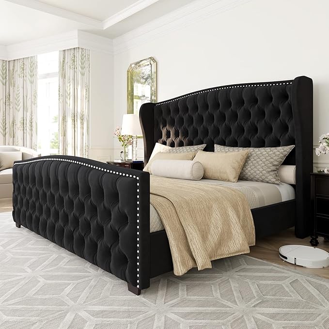 Queen Size Platform Bed Frame, Velvet Upholstered Bed with Deep Button Tufted & Nailhead Trim Wingback Headboard/No Box Spring Needed/Grey