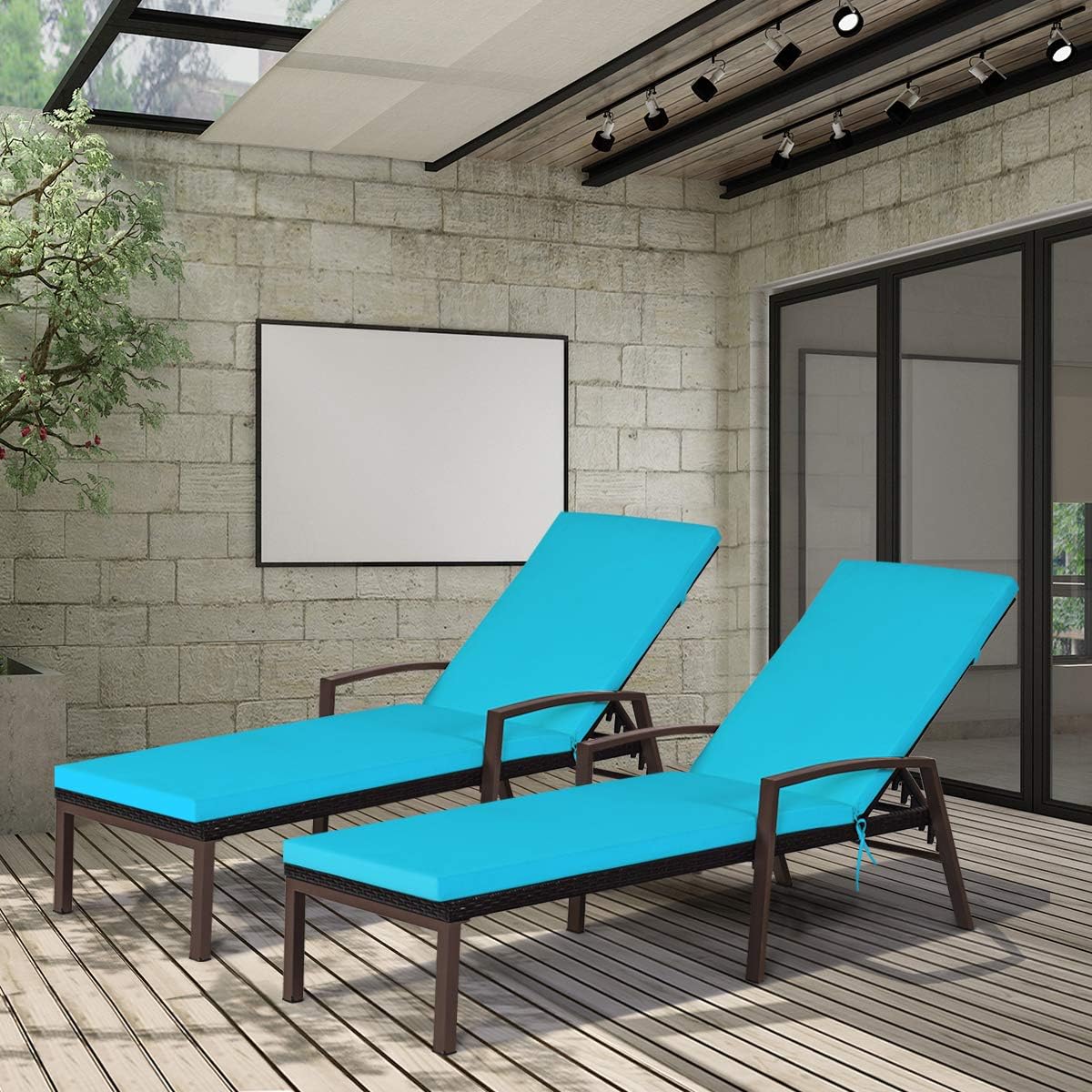 2PCS Rattan Lounge Chair Outdoor, Patio Wicker Chaise Lounge