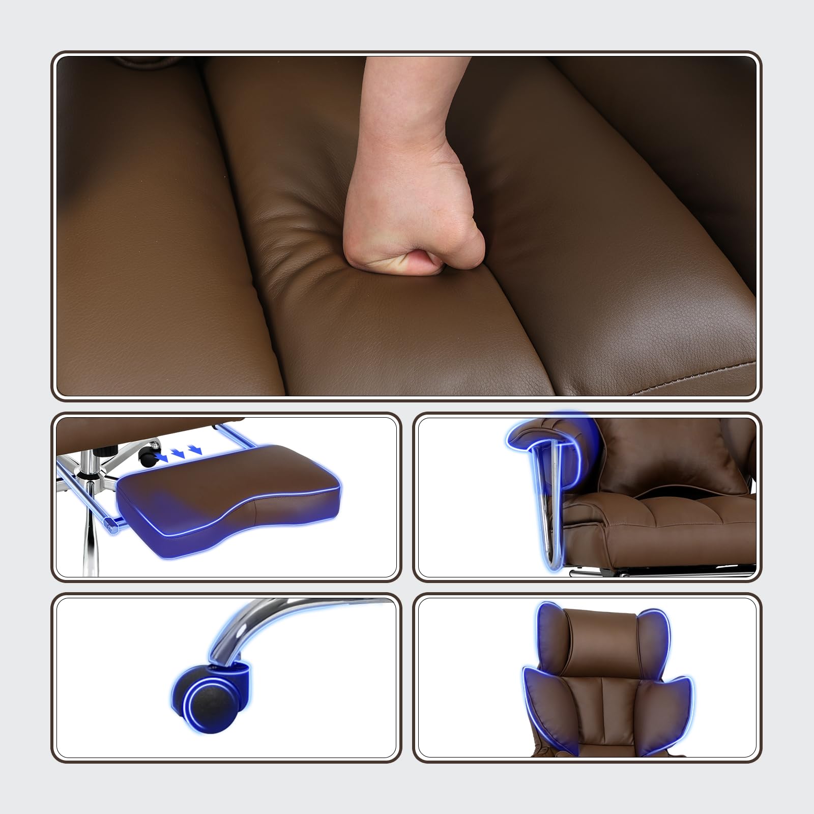 Big and Tall Office Chair 400lbs PU Leather Computer Chair with Footrest and Lumbar Support Executive Chair Swivel Chair Desk Chair Adjustable Height & Reclining Backrest Brown