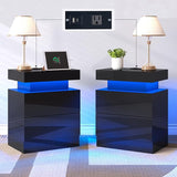 Nightstand Set of 2 with Charging Station and LED Light, Modern Side Table with 2 Drawers and Open