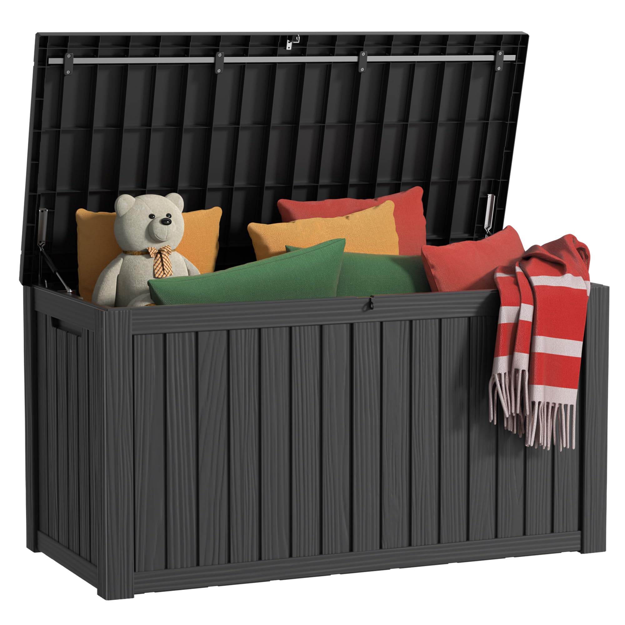 EasyUp 150 Gallon Outdoor Storage Box, Resin Waterproof UV-Resistant Deck Box with Hydraulic Lid Support, Reinforced Stability for Patio, Garden, and Poolside, Striped Black
