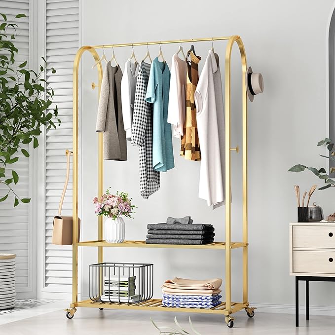 Gold Clothing Rack Modern Clothes Rack with 2- tier Shelf Clothes Display Racks