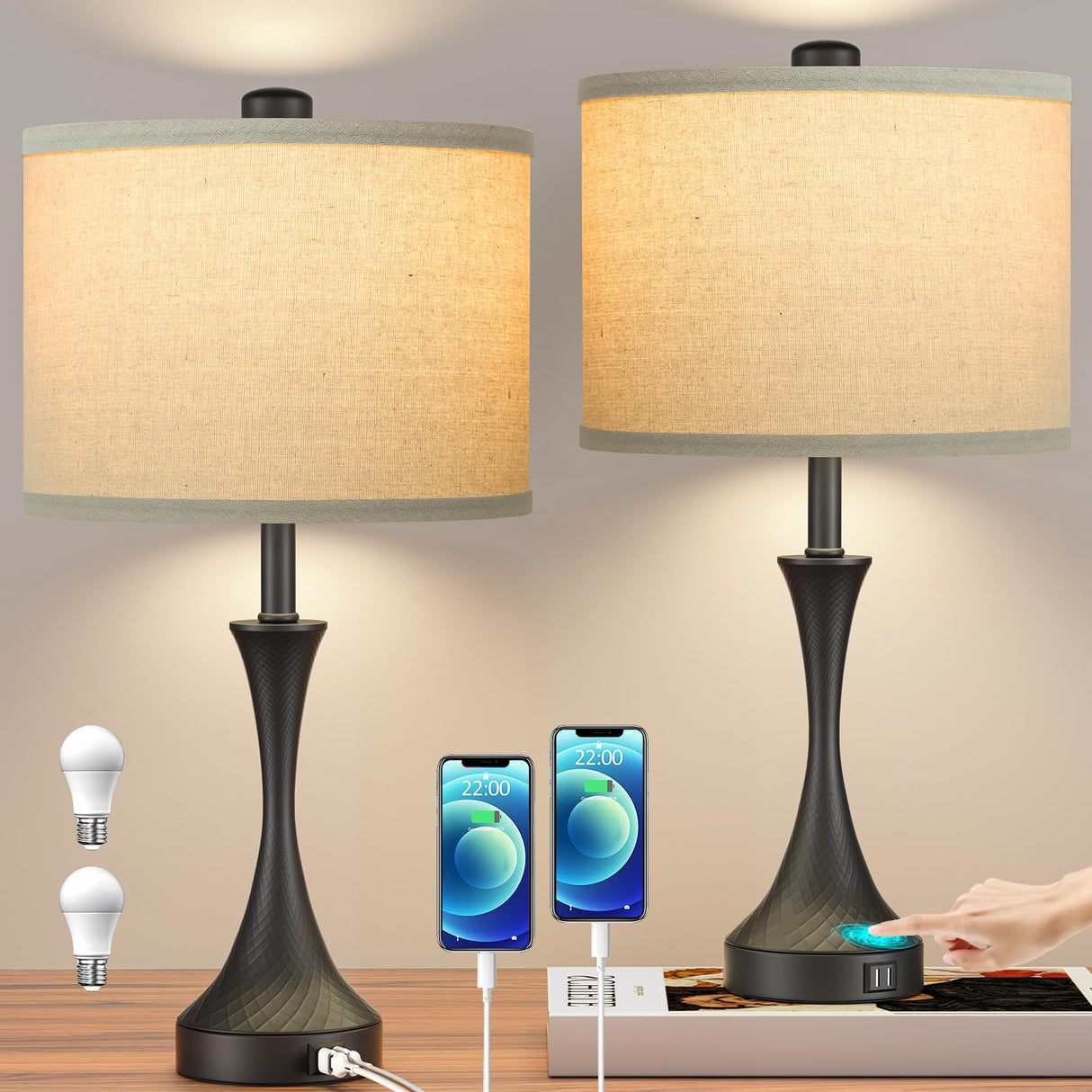 26" Farmhouse Black Touch Table Lamps Set of 2 with USB Ports