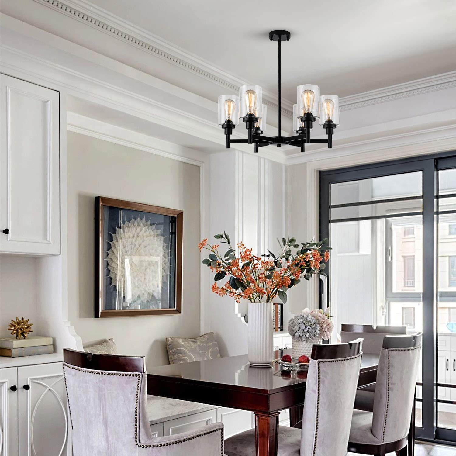 Farmhouse Chandelier with Cylinder Clear Glass 6 Light Vintage Black Bedroom Kitchen