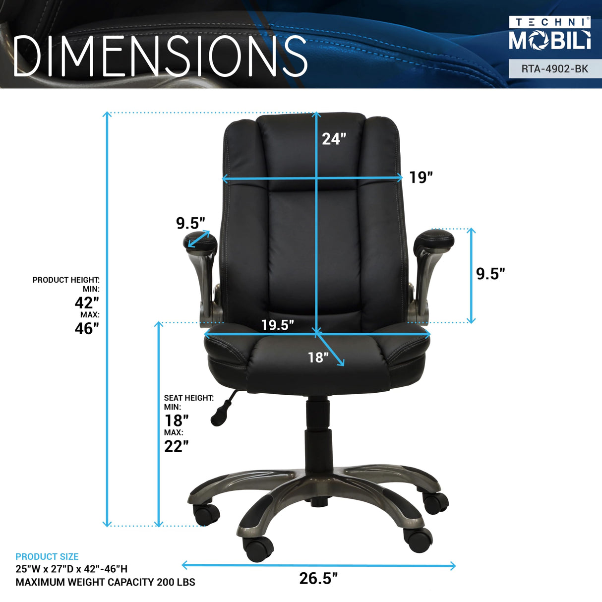 Mobili Medium Back Office Flip-up Arms Executive Chair, Black