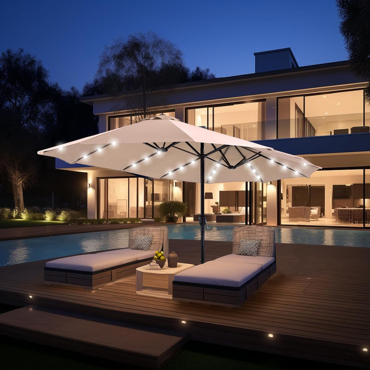 Patio Umbrella with 3 Solar panels, 48 Solar LED Lights