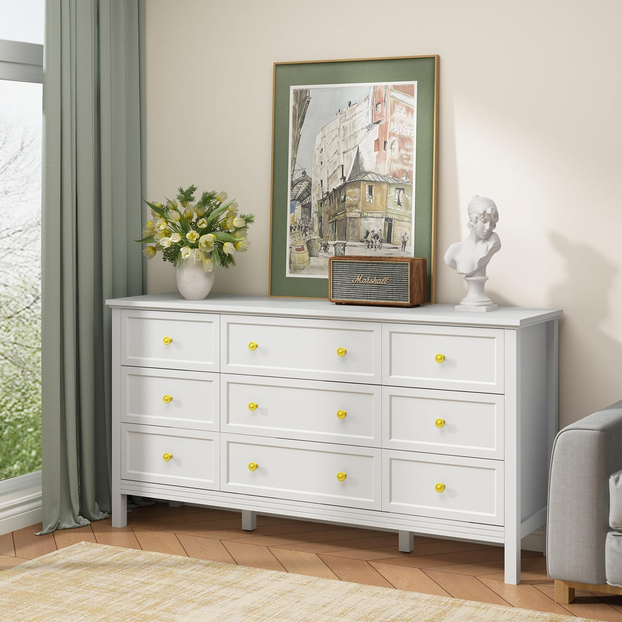 White Dresser for Bedroom, 9 Drawer Dresser with Wide Drawers and Gold Metal Handles