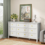 White Dresser for Bedroom, 9 Drawer Dresser with Wide Drawers and Gold Metal Handles