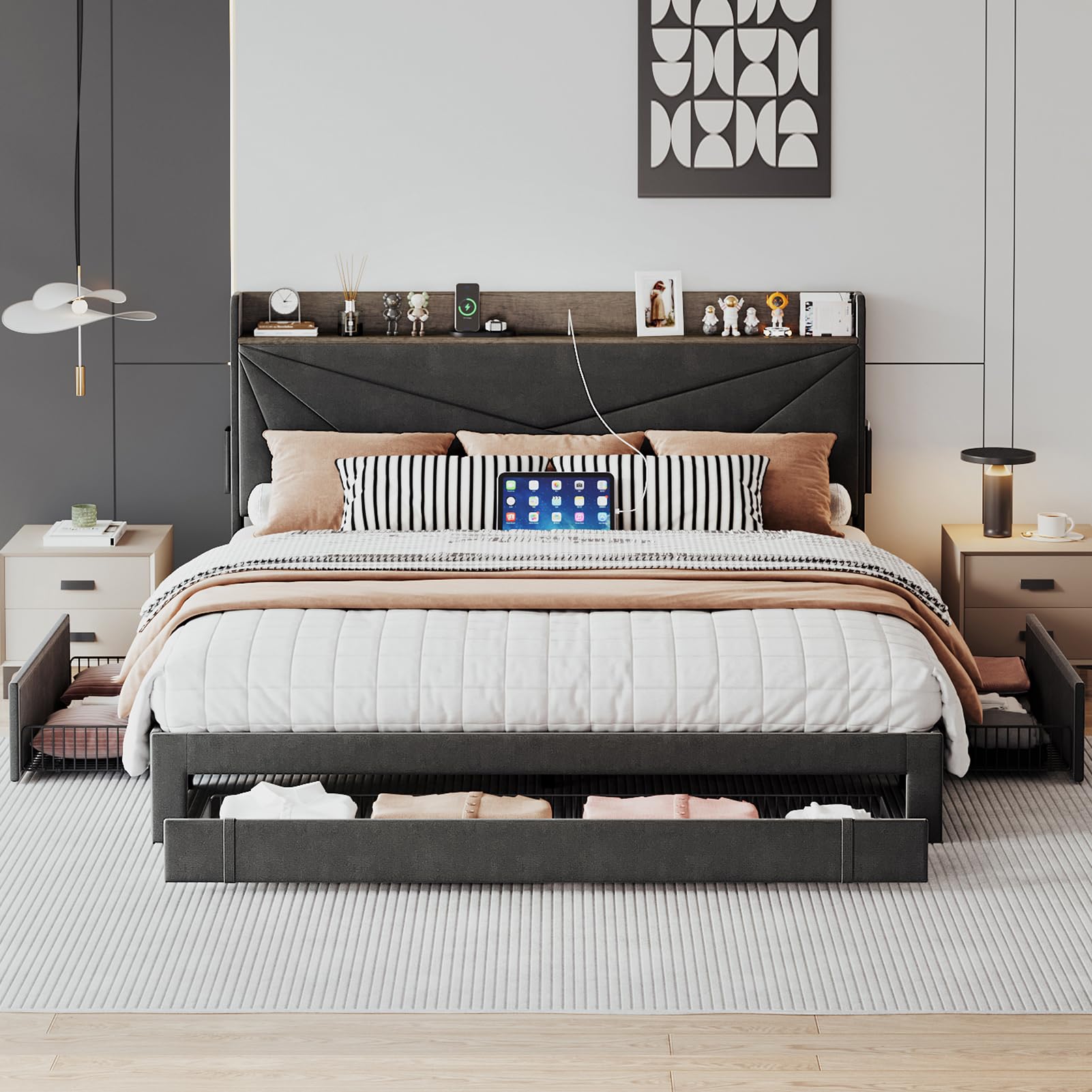 King Size Bed Frame with Storage and Headboard, Upholstered Queen Bed Frame