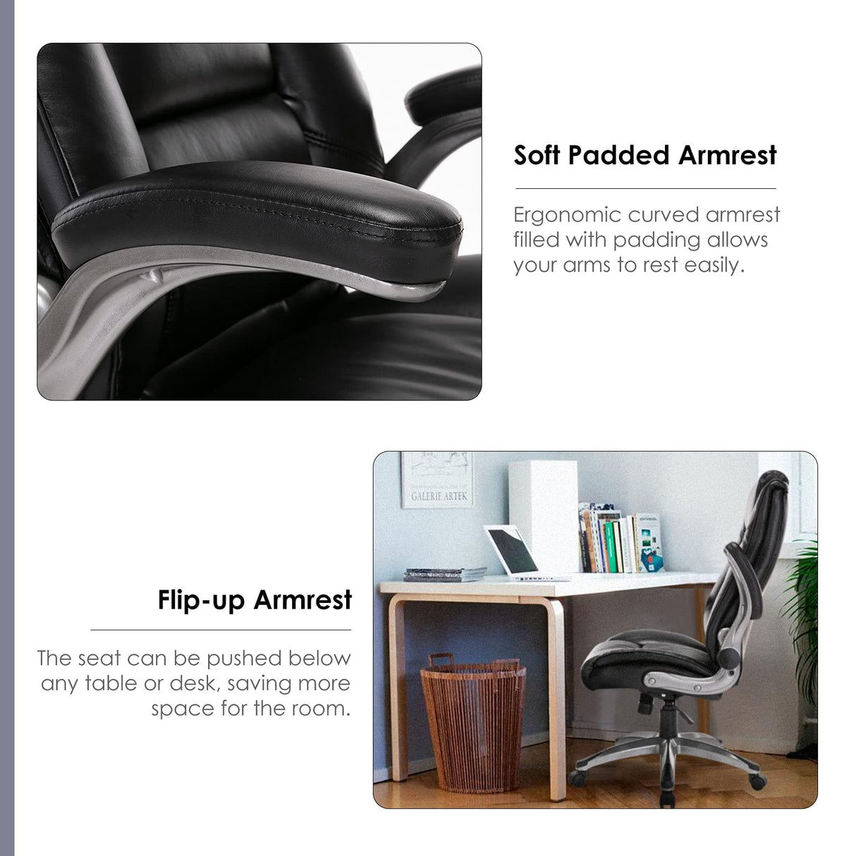 High Back Office Chair PU Leather Executive Swivel Computer Desk Chair Flip-up Arms