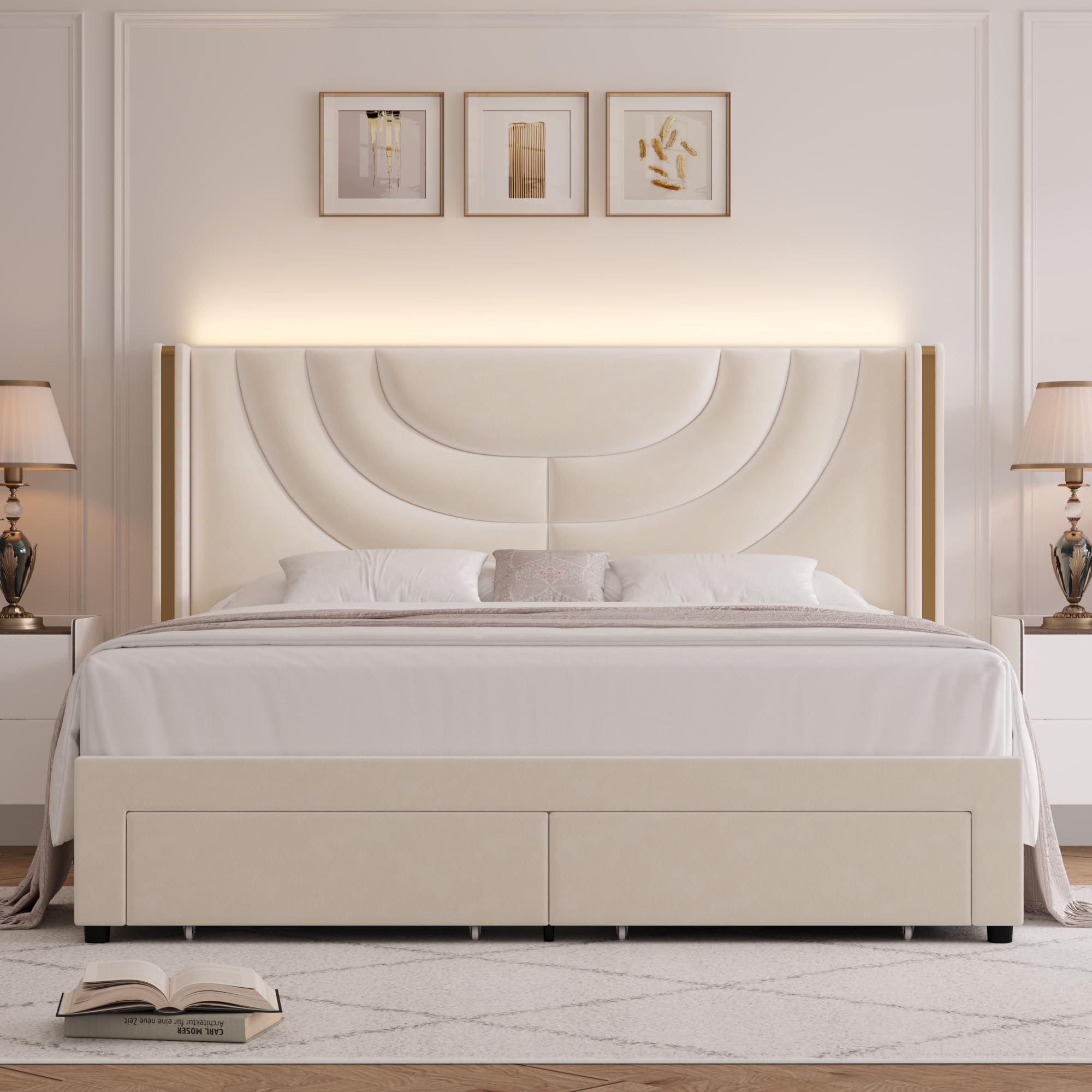 Queen Upholstered LED Bed Frame with 2 Storage Drawers
