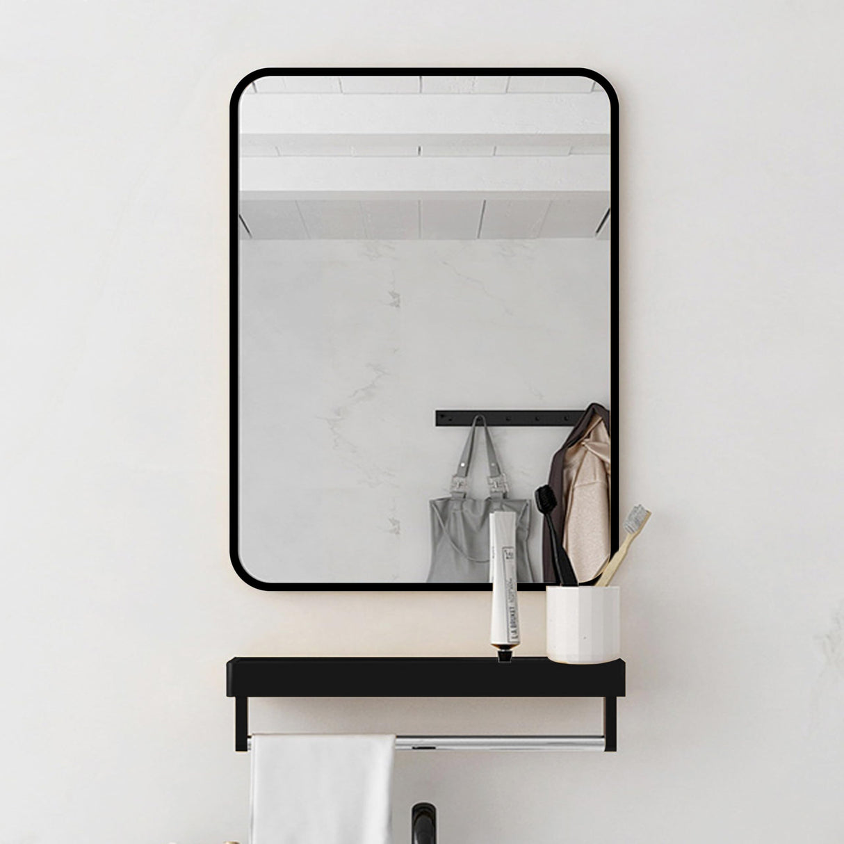 24 * 30inch Mirror Hangs Horizontally or Vertically Black Metal Framed Bathroom Mirror