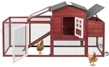 Wooden 79" Chicken Coop with Wheels Asphalt Roof Nest Boxes Pull-Out Trays