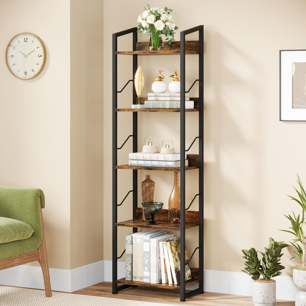 5 Tier Narrow Bookshelf: Tall Bookcase with Edge Protection, Industrial Modern Bookshelves for Bedroom