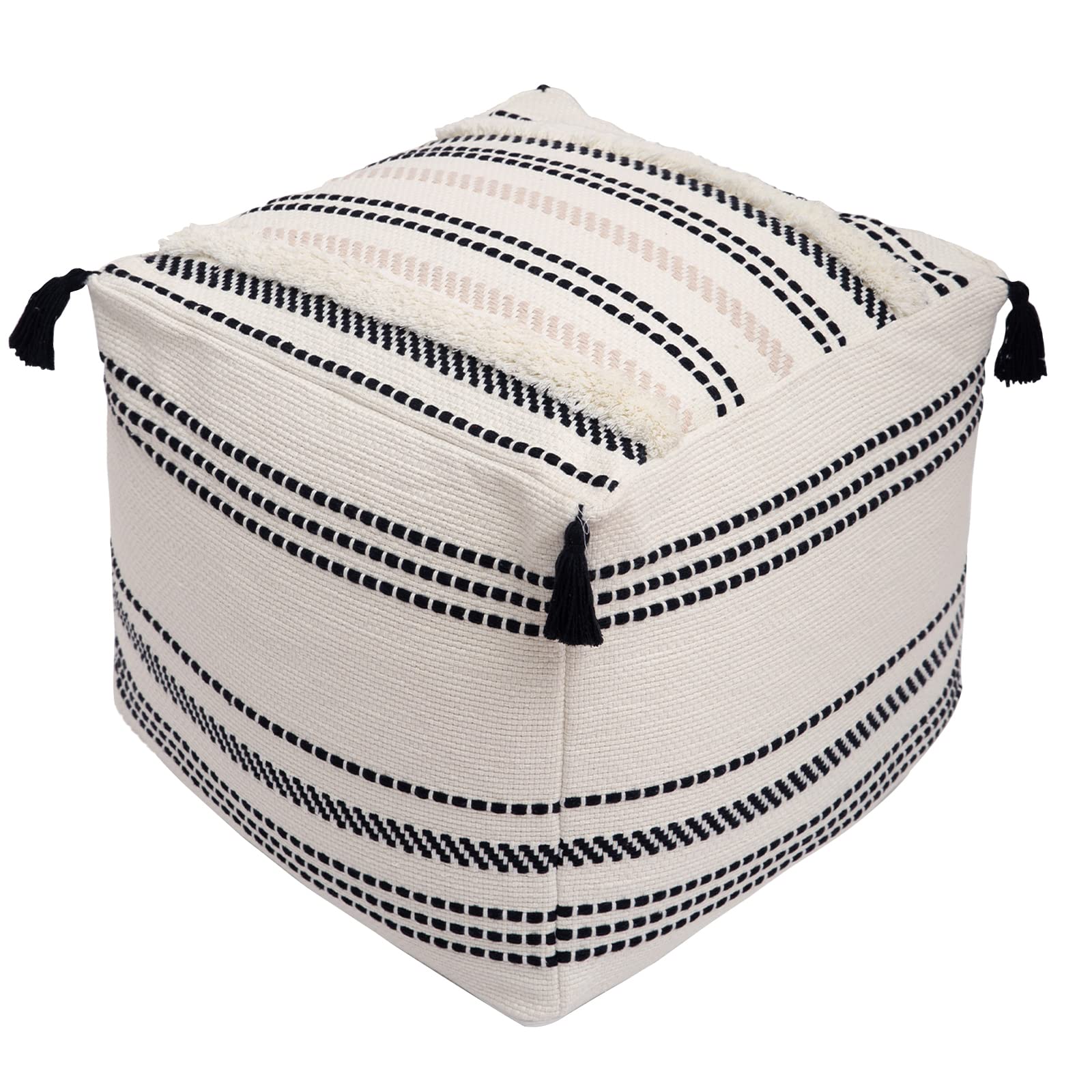 Ottoman Pouf Cover 18x18x16, Square Striped Morocco Tufted Boho Foot Rest with Big