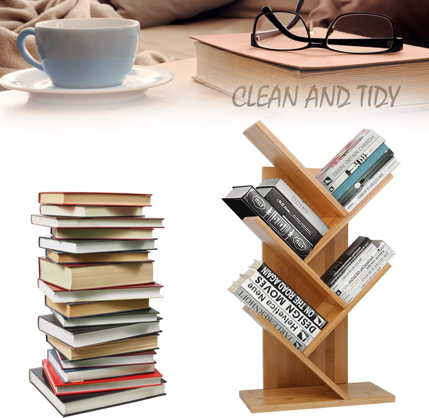 Sorfity Bamboo furniture, Bamboo Book Shelf 4-Tier, Tree Bookcase Free Standing Book Shelves, Modern Corner Bookshelf Organizer for CDs/Albums/Books/Files Holder, for Living Room, Bedroom, Home Office
