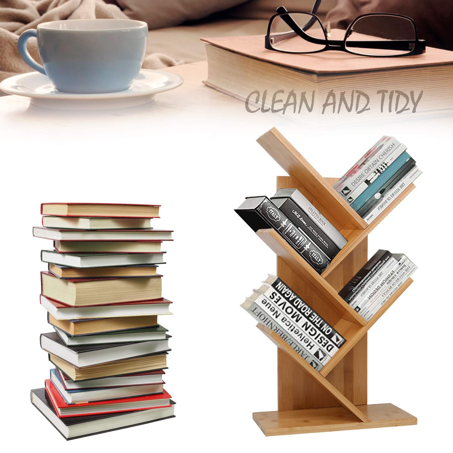 Sorfity Bamboo furniture, Bamboo Book Shelf 4-Tier, Tree Bookcase Free Standing Book Shelves, Modern Corner Bookshelf Organizer for CDs/Albums/Books/Files Holder, for Living Room, Bedroom, Home Office
