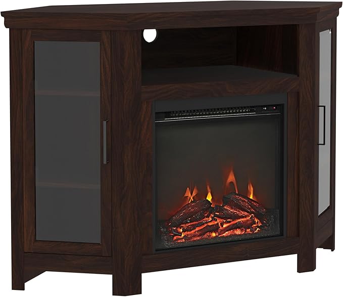 Classic Glass Door Fireplace Corner TV Stand for TVs up to 55 Inches, 48 Inch, White Oa
