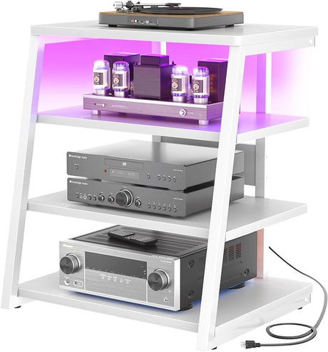 4-Tier AV Media Stand with Power Strips, Corner TV Stand with LED Lights