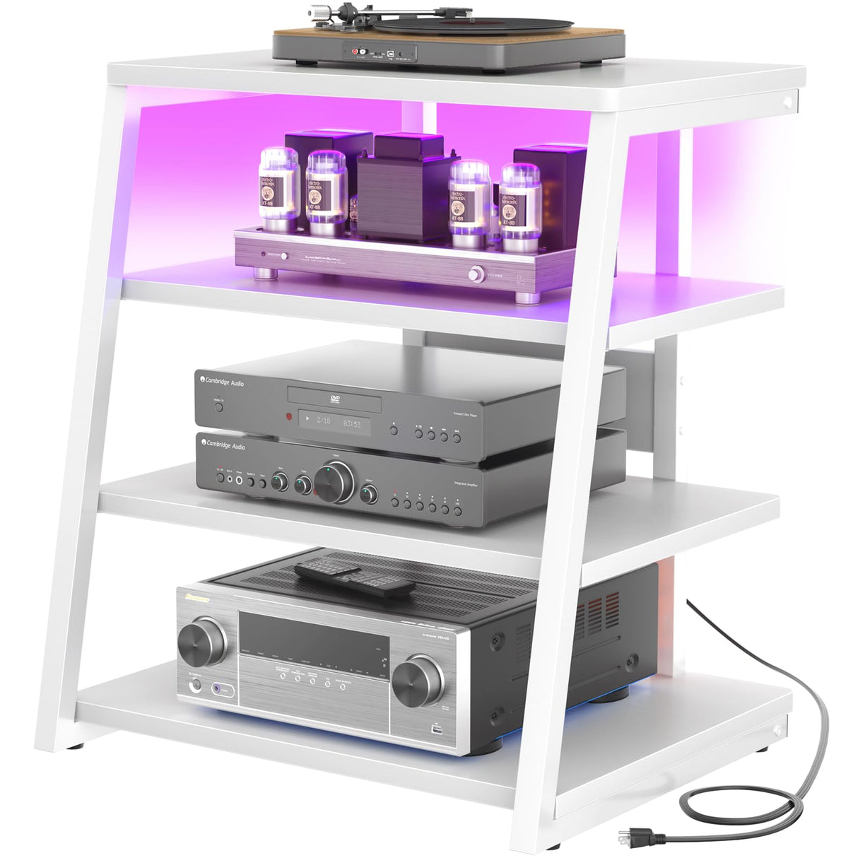 4-Tier AV Media Stand with Power Strips, Corner TV Stand with LED Lights