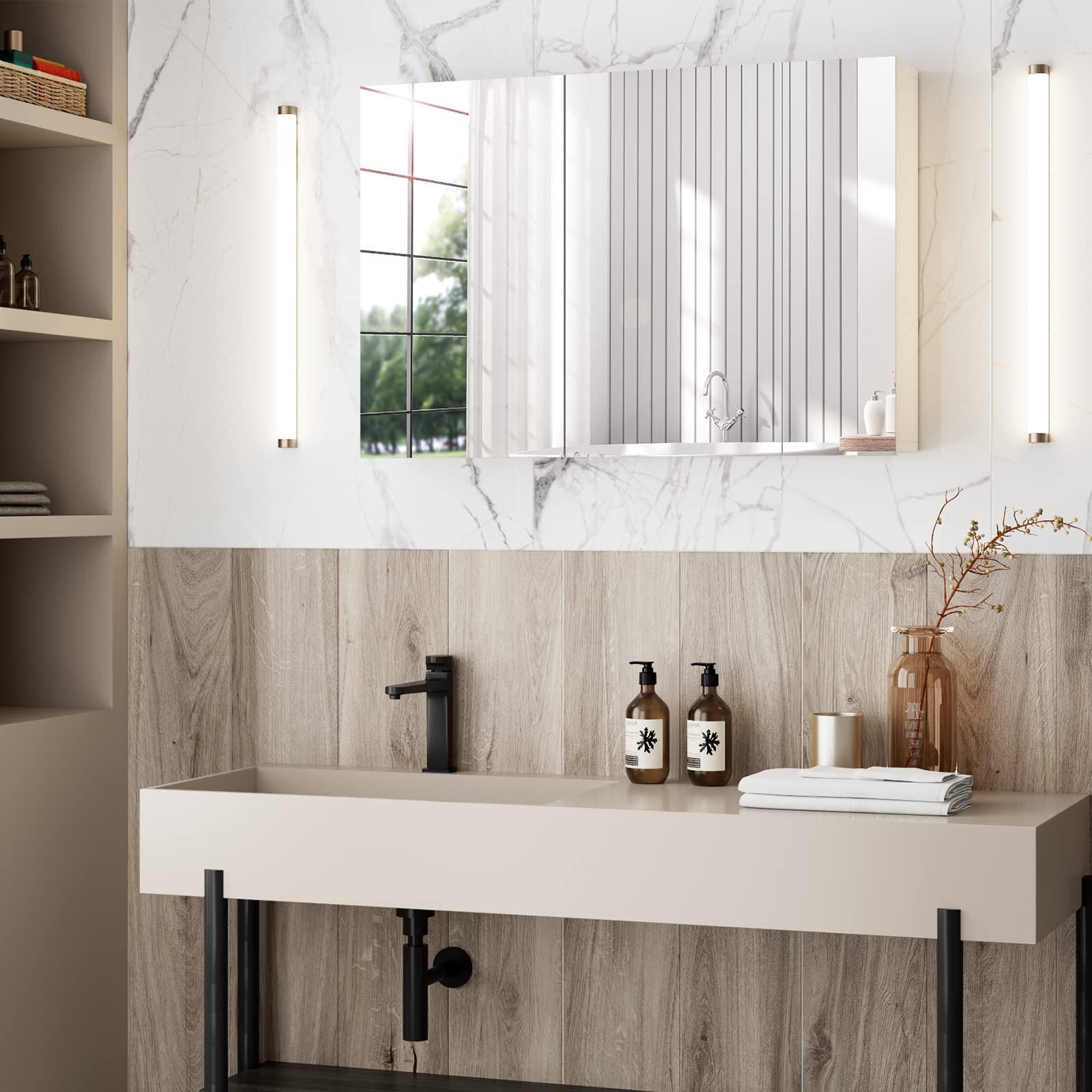 Medicine Cabinet with 3 Mirrored Doors, Surface or Recessed Mount Bathroom Medicine