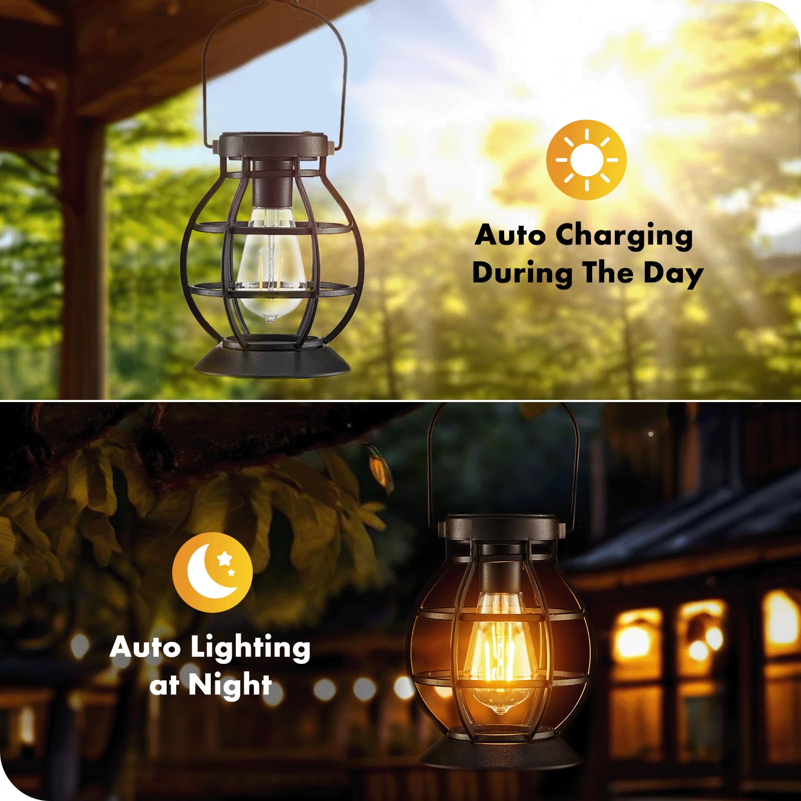 2 Pack Solar Lanterns Outdoor Hanging Lantern Lights, Metal Decor Lantern