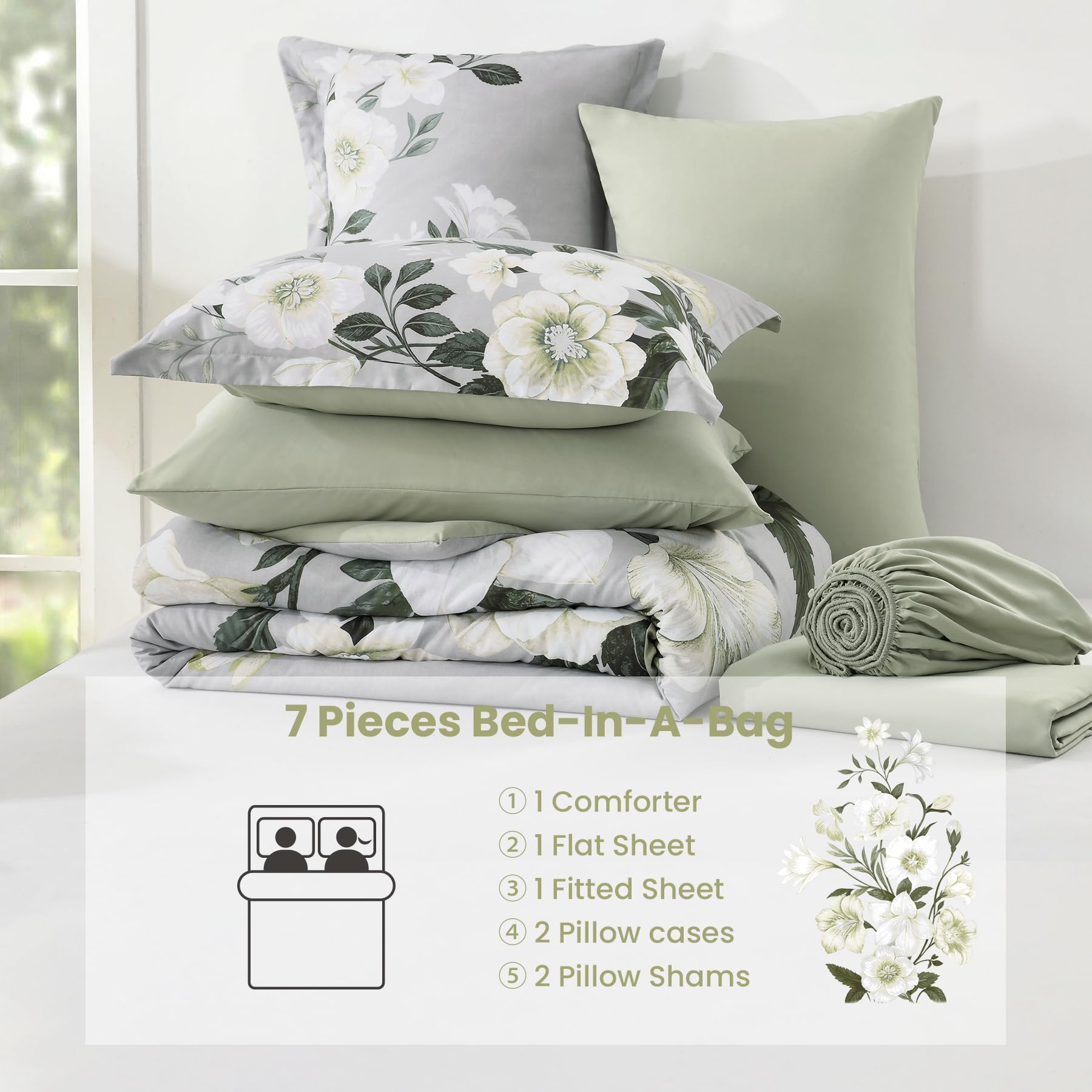 7-Piece King Comforter Set - Sage Green Floral