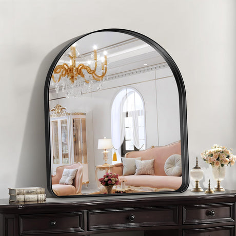 Arched Wall Mirror, 36"×40" Bathroom Mirror Black Deep Frame, Large Modern Dresser Mirror Wall Mounted Decor Metal Frame for Bedroom Living Room Entryway Fireplace Mantel Dining Room