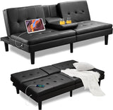 Futon Convertible Couch Bed - 69"W x 38"D x 29.5"H Faux Leather Futon Bed with USB & 2 Cupholders