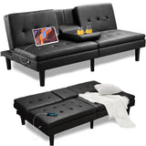 Futon Convertible Couch Bed - 69"W x 38"D x 29.5"H Faux Leather Futon Bed with USB & 2 Cupholders