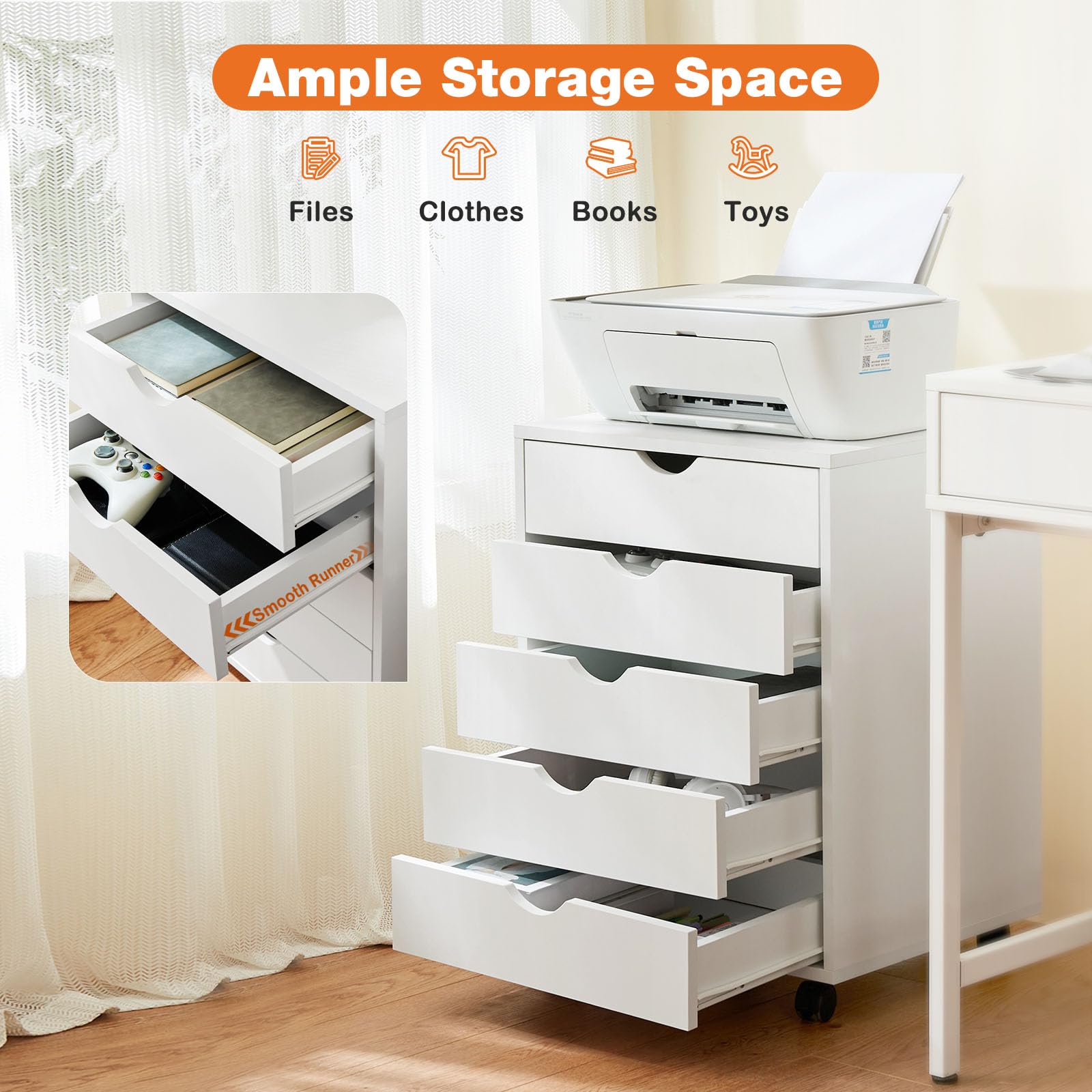 5 Drawer Chest- Dressers Storage Cabinets Wooden Dresser White Mobile Cabinet