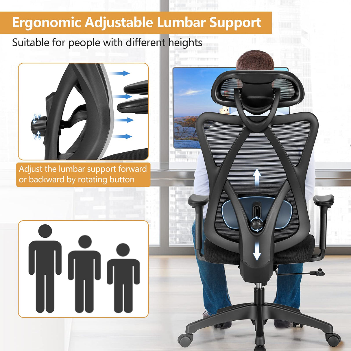 Ergonomic Office Chair with Adjustable Lumbar Support, Armrests and Headrest, High