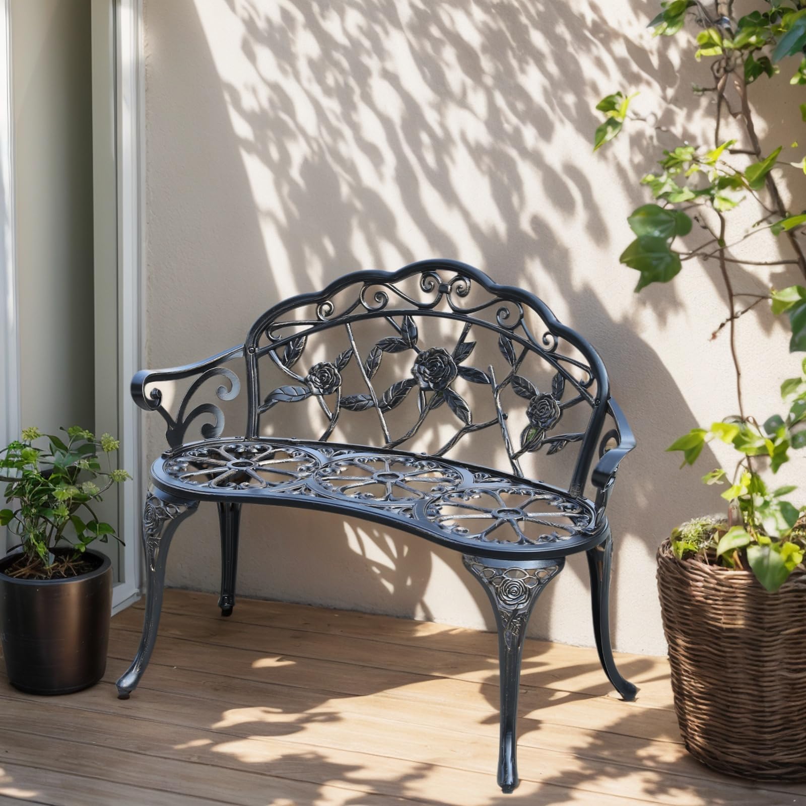 Cast Aluminium Outdoor Bench, Rose Garden Bench for Patio,Park,Lawn,Yard