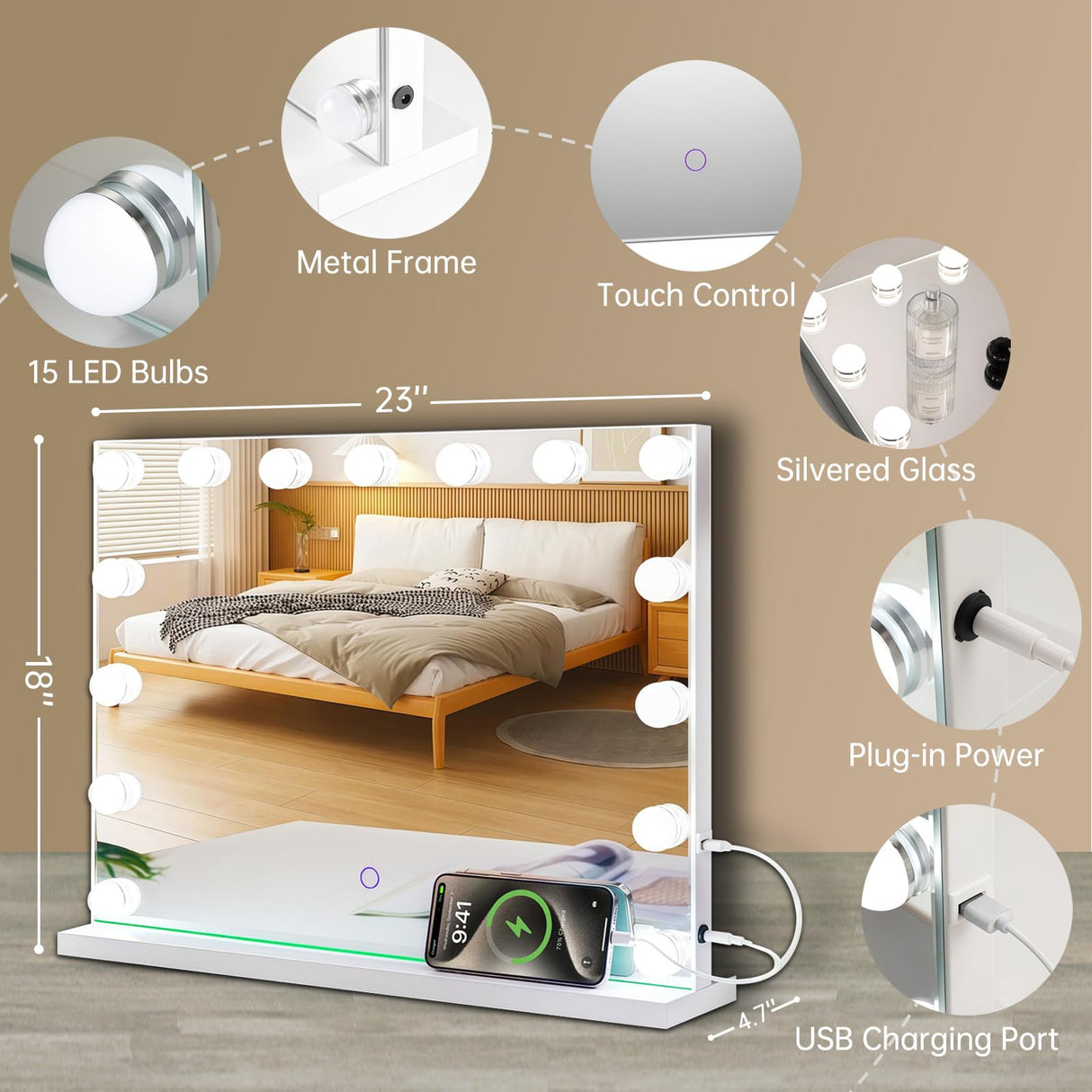 Hollywood Vanity Mirror with Lights 23x18 - 15 LED Bulbs