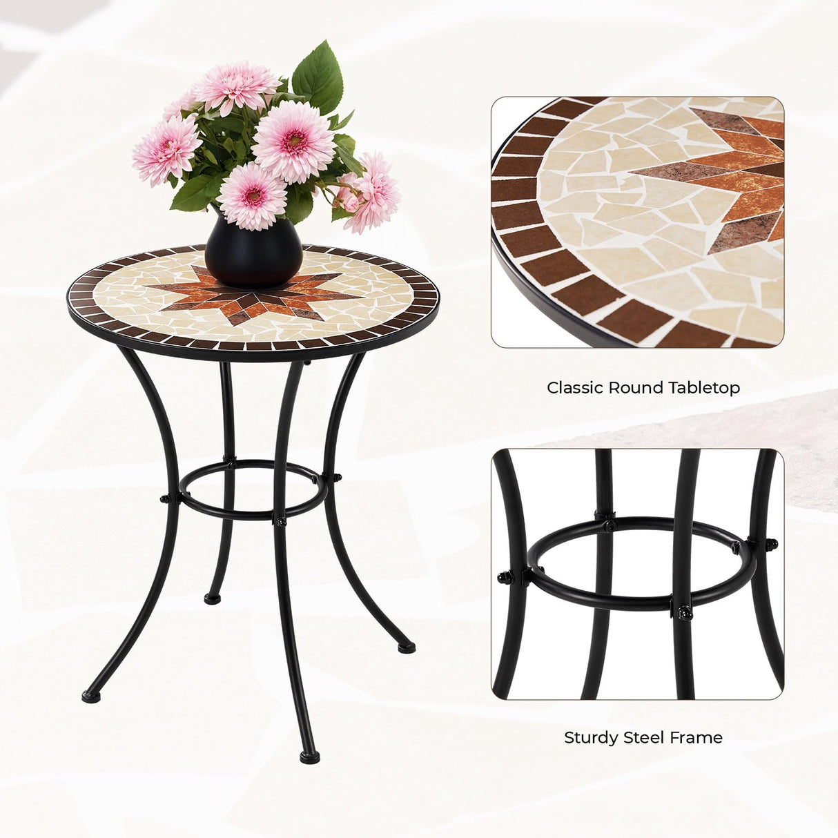 3 Pieces Patio Bistro Sets, Outdoor Mosaic Bistro Set with 2 Folding Chairs, Mosaic Round