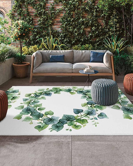 Outdoor Rug 5x8 ft Green Blue Leaf Outdoor Large Area Rug Non Slip Rubber Spring Plant