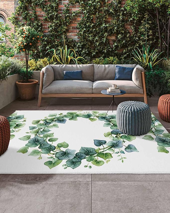 Outdoor Rug 5x8 ft Green Blue Leaf Outdoor Large Area Rug Non Slip Rubber Spring Plant