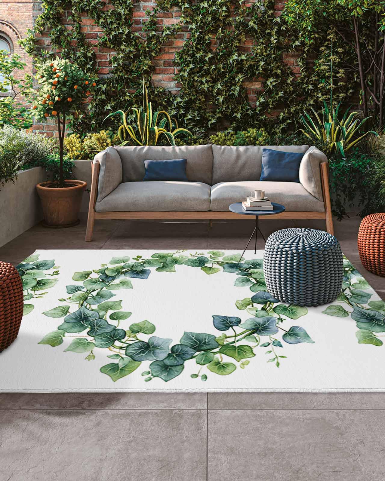 Outdoor Rug 5x8 ft Green Blue Leaf Outdoor Large Area Rug Non Slip Rubber Spring Plant