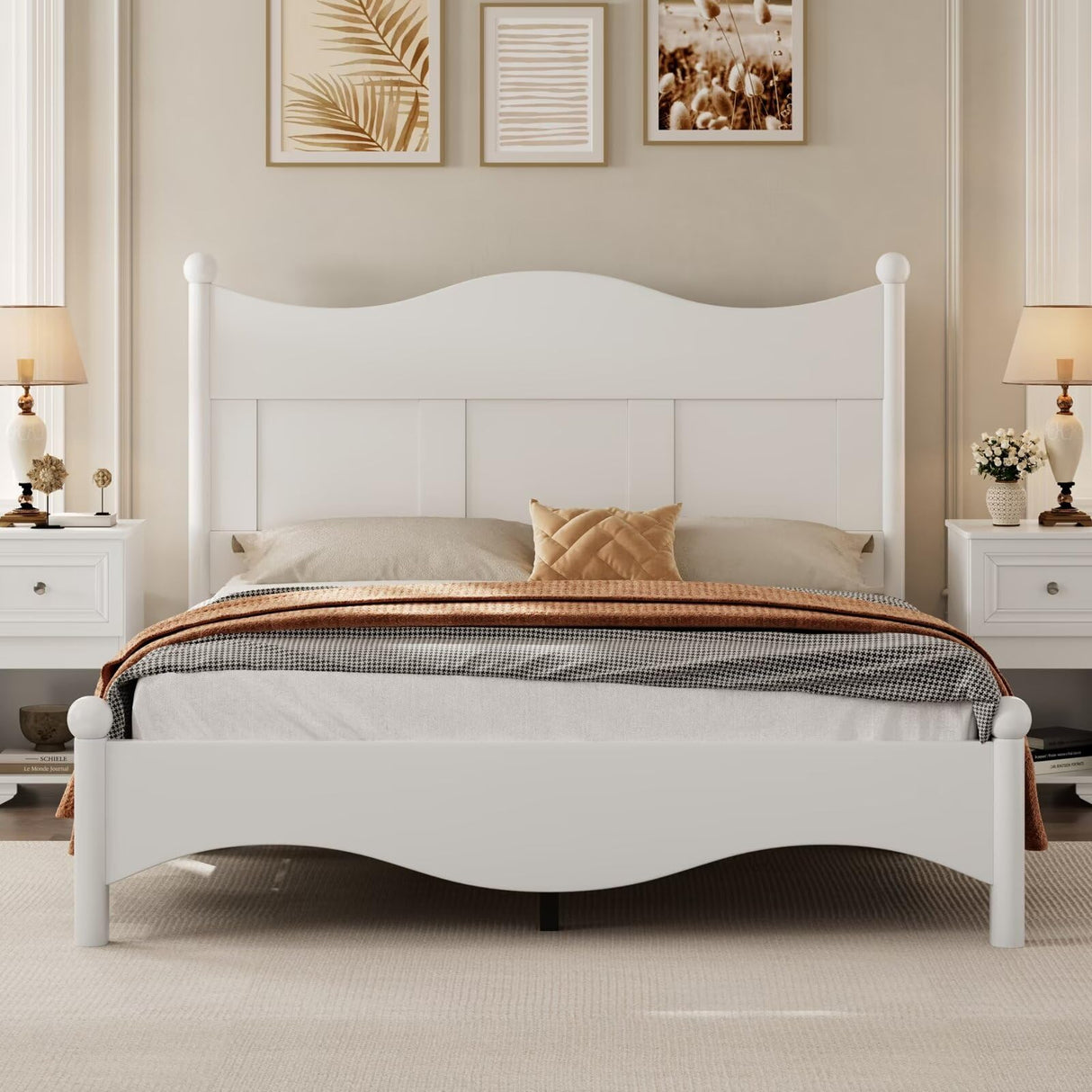 JIJIWANG Queen Size Elegant Design Wood Platform Bed Frame,Retro Style Platform Bed with Wooden Slat Support,for Kids Teens Adults Bedroom White