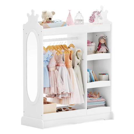 Kids Dress up Storage with Mirror, Kids Wardrobe with 3 Hooks, Kids Closet for Girls Boys