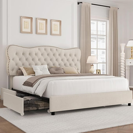 Queen Bed Frame with 4 Storage Drawers, Upholstered Platform Frame